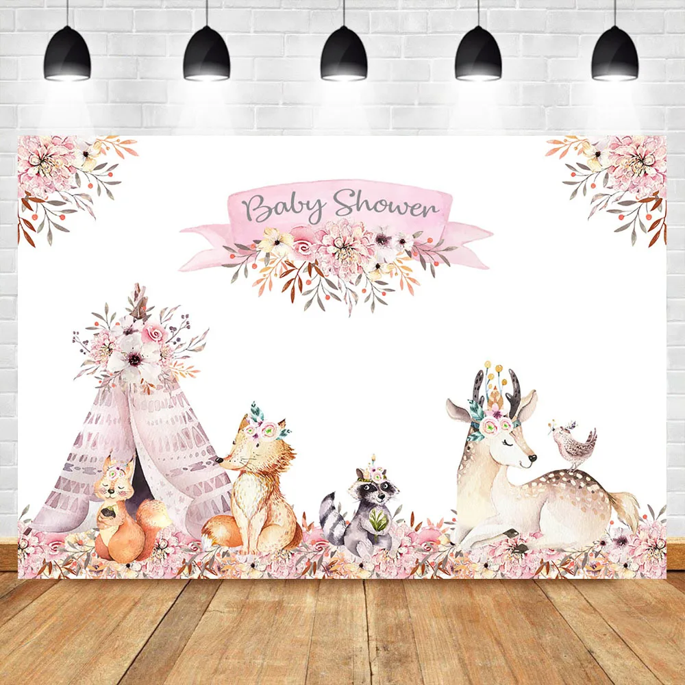 NeoBack Woodland Baby Shower Backdrop Boho Teepee Tribal Pink Flower Decorate Background Animal вечерние фоны для