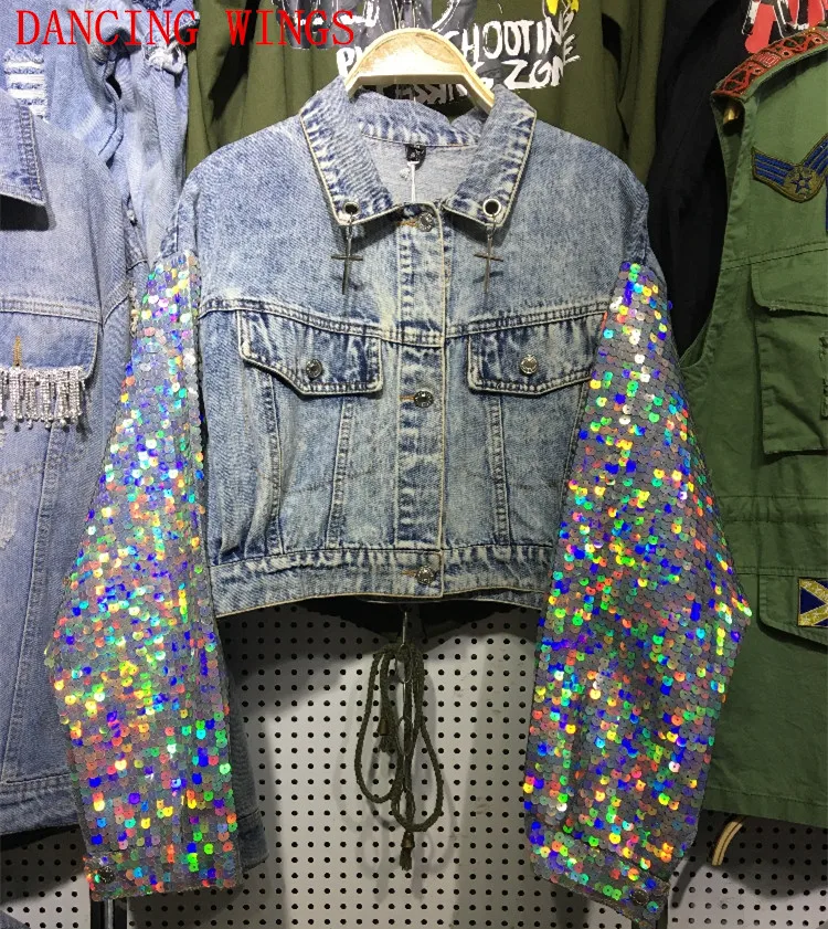 Autumn Short Women Coats Colorful Sequins Long Sleeves Washed Denim Jacket Black Blue
Autumn Short Women Coats Colorful Sequins Long Sleeves Washed Denim Jacket Black Blue