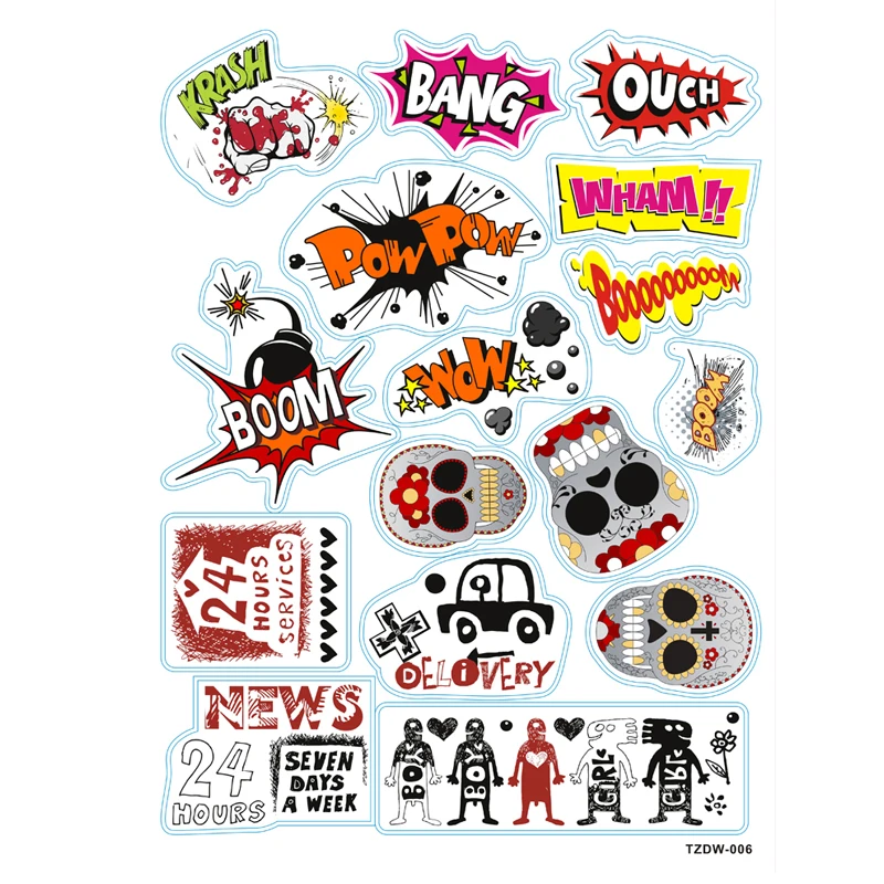 16pcs/lot krash bang ouch boom wow skull pow decal Waterproof PVC stickers for Notebook skateboard trolley case backpack Tables
16pcs/lot krash bang ouch boom wow skull pow decal Waterproof PVC stickers for Notebook skateboard trolley case backpack Tables