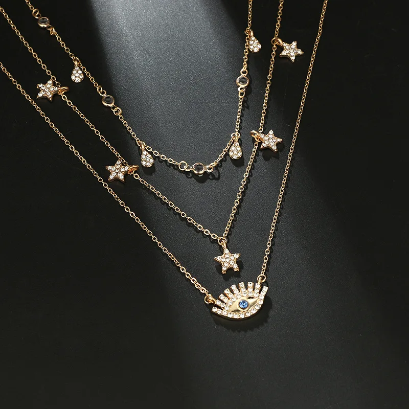 DIY Vintage Gold Color Crystal Water Drop Star Eye Pendant Necklace for Women Boho Charm Layered Necklaces Collars Evil | Украшения и