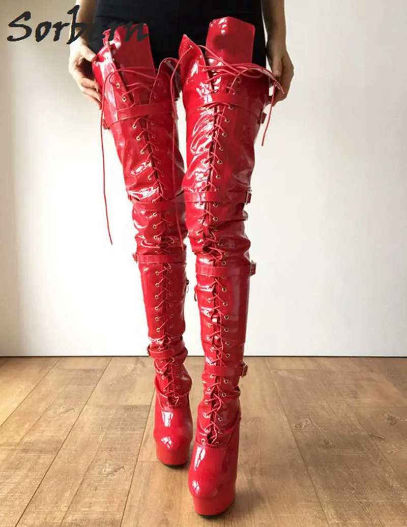 Sorbern Patent Leather Boots Red Bottom Knee High Heels Lace Up Boots For  Women