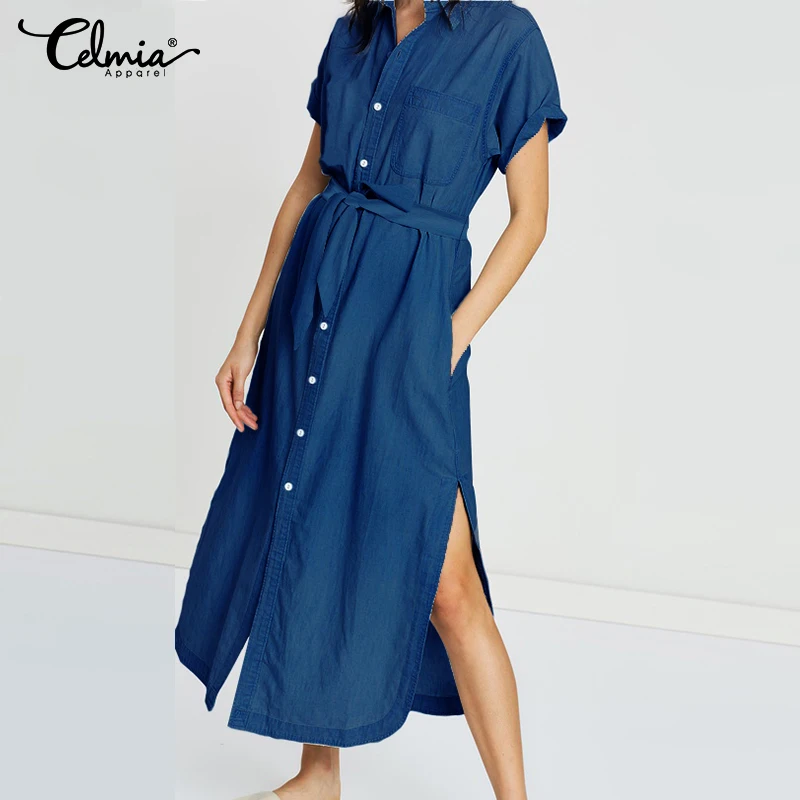 Plus Size S-5XL Celmia Women Sexy Belted Denim Long Dress 2019 Summer Short Sleeve Button Split Casual Loose Vestidos Robe Femme
Plus Size S-5XL Celmia Women Sexy Belted Denim Long Dress 2019 Summer Short Sleeve Button Split Casual Loose Vestidos Robe Femme