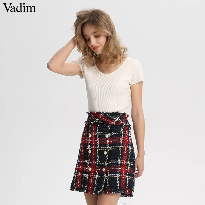 

Vadim vintage plaid tweed mini skirt fringe tassel buttons back zipper faldas mujer female casual chic A line skirts BA159