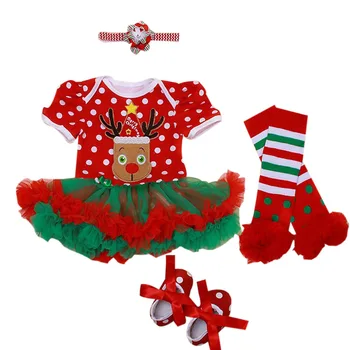 

4PCs per Set Baby Girls Christmas Outfit Deer Pattern Polka Dots Tutu Dress Headband Shoes Leggings for 0-12months Free Shipping