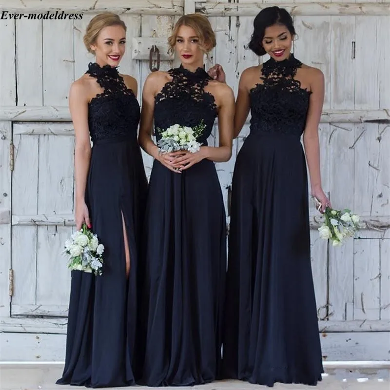 Dark Navy Bridesmaid Dresses 2018 Side Split Backless Halter Appliques A-Line Floor Length Wedding Guest Prom Party Gowns 
Dark Navy Bridesmaid Dresses 2018 Side Split Backless Halter Appliques A-Line Floor Length Wedding Guest Prom Party Gowns