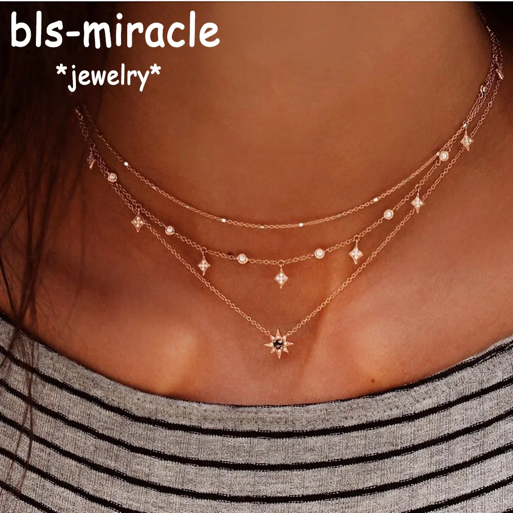Фото Bls-miracle Boho Crystal Pendant Necklace Fashion Multilayer Star Necklaces Statement Deck Chain For Women Jewelry Gift NX-53 | Украшения и