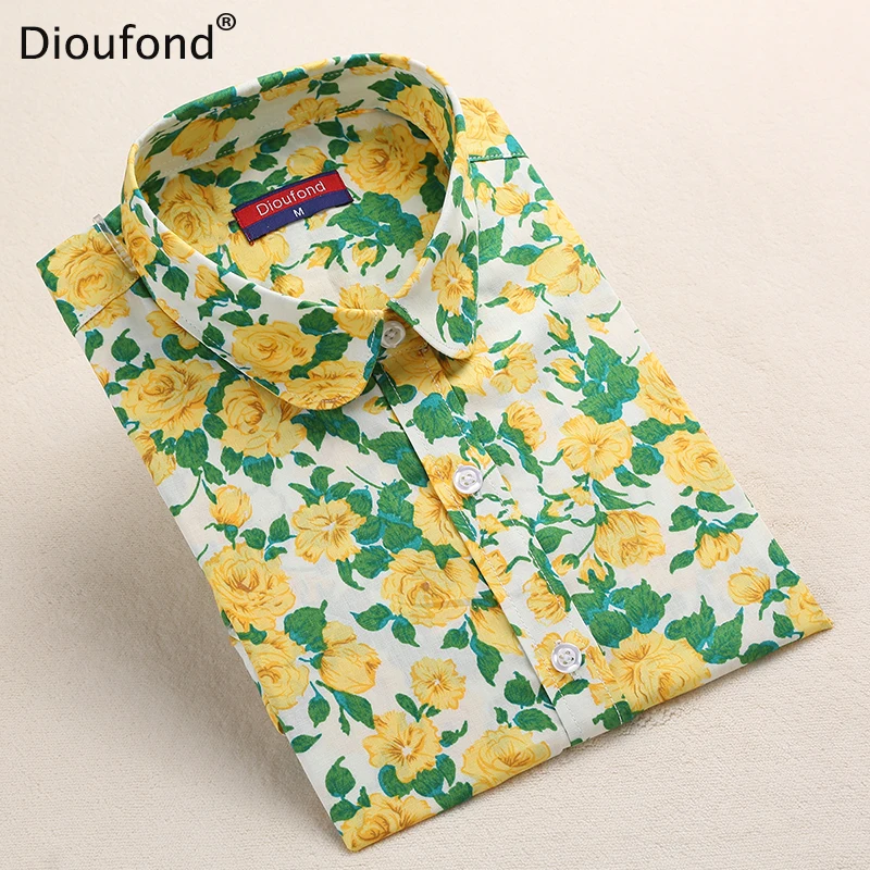 Dioufond New Women's Floral Print Blouses Cotton Shirts Women Vintage Turn-Down Collar Tops Ladies Work Long Sleeve Blouse 2017 13