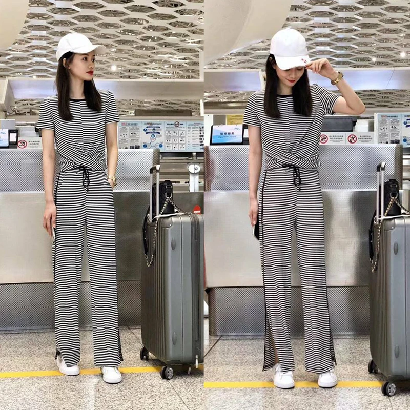 Women sweat suit set European style summer dress female new style fashion stripe set body temperament top + pants two-piece suit
Women sweat suit set European style summer dress female new style fashion stripe set body temperament top + pants two-piece suit