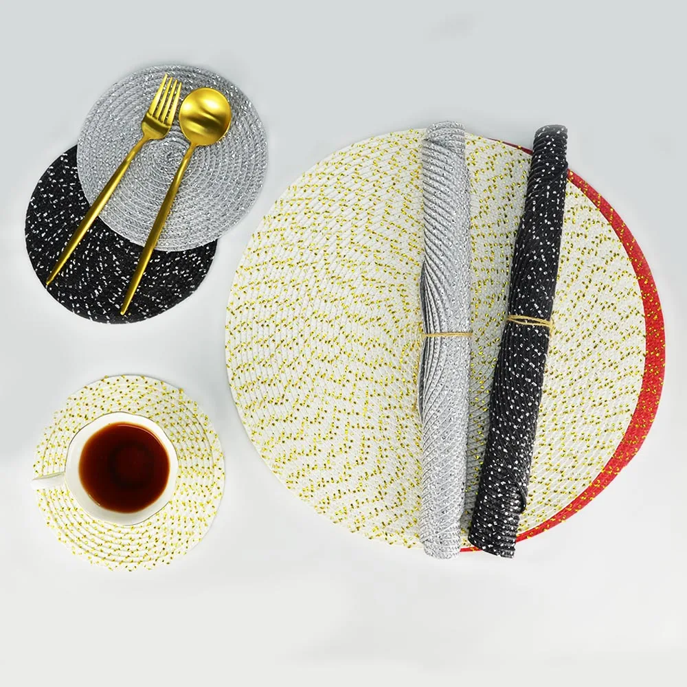 Gold Sliver Thread Weaving Ramie Placemat Insulation Round Placemat Coaster Creative Linen Pad Table Bowl Mat Home Decoration
Gold Sliver Thread Weaving Ramie Placemat Insulation Round Placemat Coaster Creative Linen Pad Table Bowl Mat Home Decoration