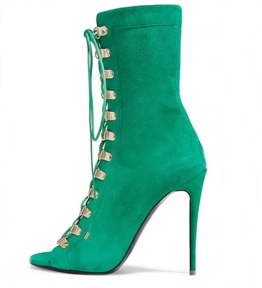 Sexy Green Suede Runway Boots Peep Toe Lace-up Gold Metal Decoration Gladiator Heels Sandals Boots Women High Heel Dress Shoes
Sexy Green Suede Runway Boots Peep Toe Lace-up Gold Metal Decoration Gladiator Heels Sandals Boots Women High Heel Dress Shoes
