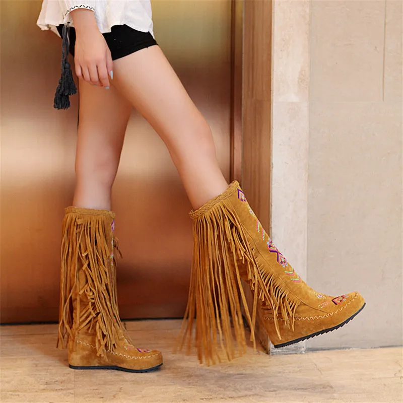 

2019 Fashion Ethnic Woman Bohemian Flock Tassle suede Moccasin Knee High Boots Fringe Female Slip On Shoes 4 Colors size35-44