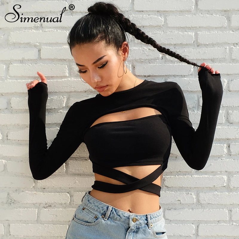 Cut Out Hole Bow Tie T-shirts For Women JKP4294