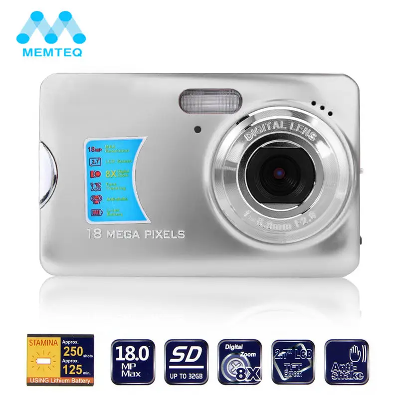 

MEMTEQ Digital Camera 2.7" TFT LCD Monitor 8X Digital Zoom 18.0MP HD 720P Video Digital Camera Smile Capture Anti-Shake Silver