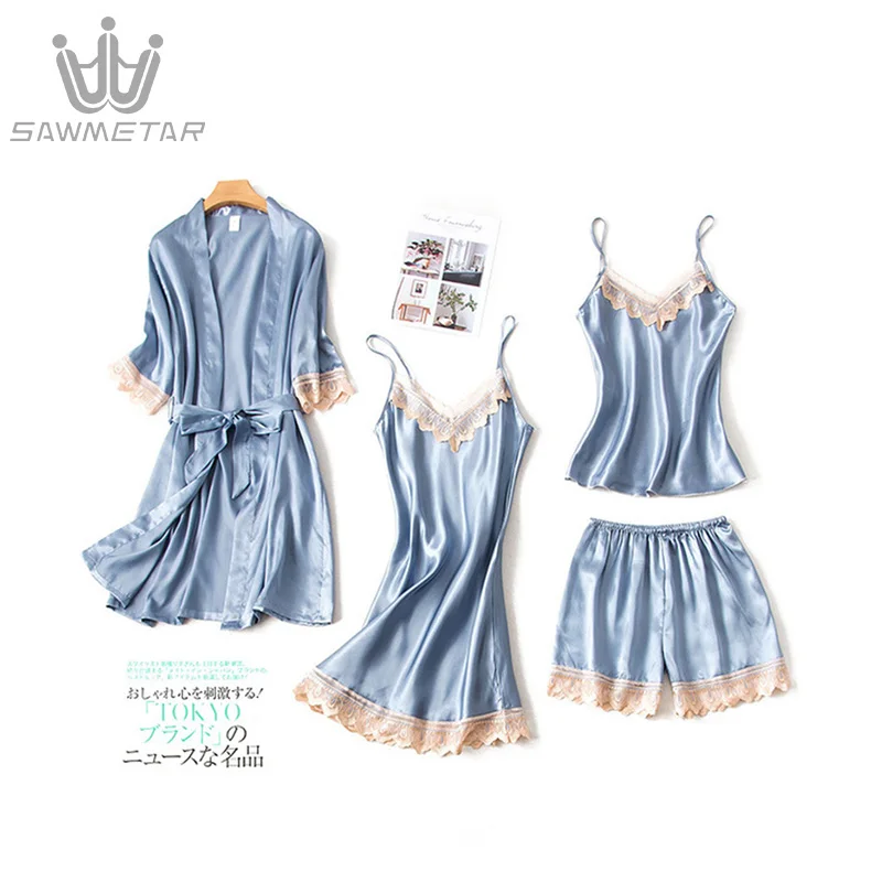 Summer Pajamas Women 4 Pieces Sets Pijama Silk Pyjamas Women Satin Sleepwear Home Clothing Home Wear Embroidery Sleep Lounge
Summer Pajamas Women 4 Pieces Sets Pijama Silk Pyjamas Women Satin Sleepwear Home Clothing Home Wear Embroidery Sleep Lounge