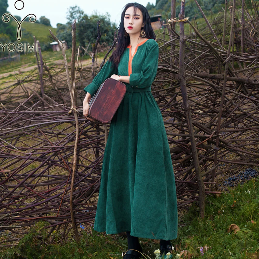 YOSIMI 2018 Autumn Winter Maxi Long Women Dress Vintage Corduroy V-neck Long Sleeve Female Vestidos Fall 2018 Green Ankle-length
YOSIMI 2018 Autumn Winter Maxi Long Women Dress Vintage Corduroy V-neck Long Sleeve Female Vestidos Fall 2018 Green Ankle-length