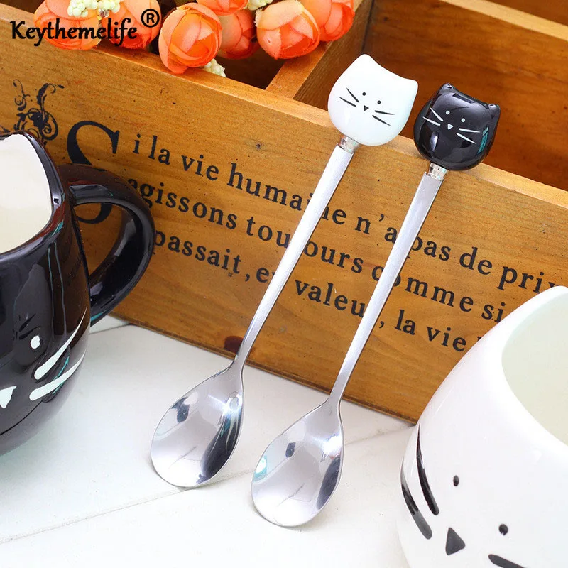 Image 1PCS Cute Kitty Cat Handle Spoon Stainless Steel Tea Coffee Teaspoons Soup Ladle Tea Drink Spoon Gifts Dinnerware CA
