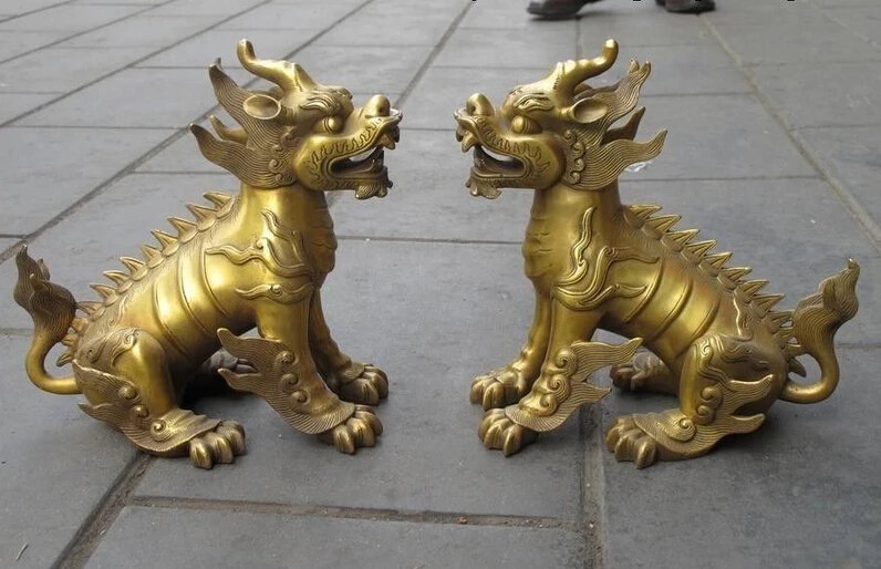 bi002712 China Pure Brass Temple talisman Evil Fu Foo Dog Lion beast Dragon kylin Pair