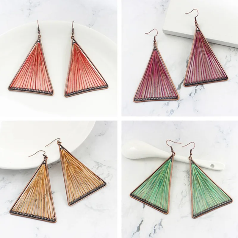 Openwork triangle geometric earrings Colored thread interspersed connection Vintage bohemian Women wear matching | Украшения и