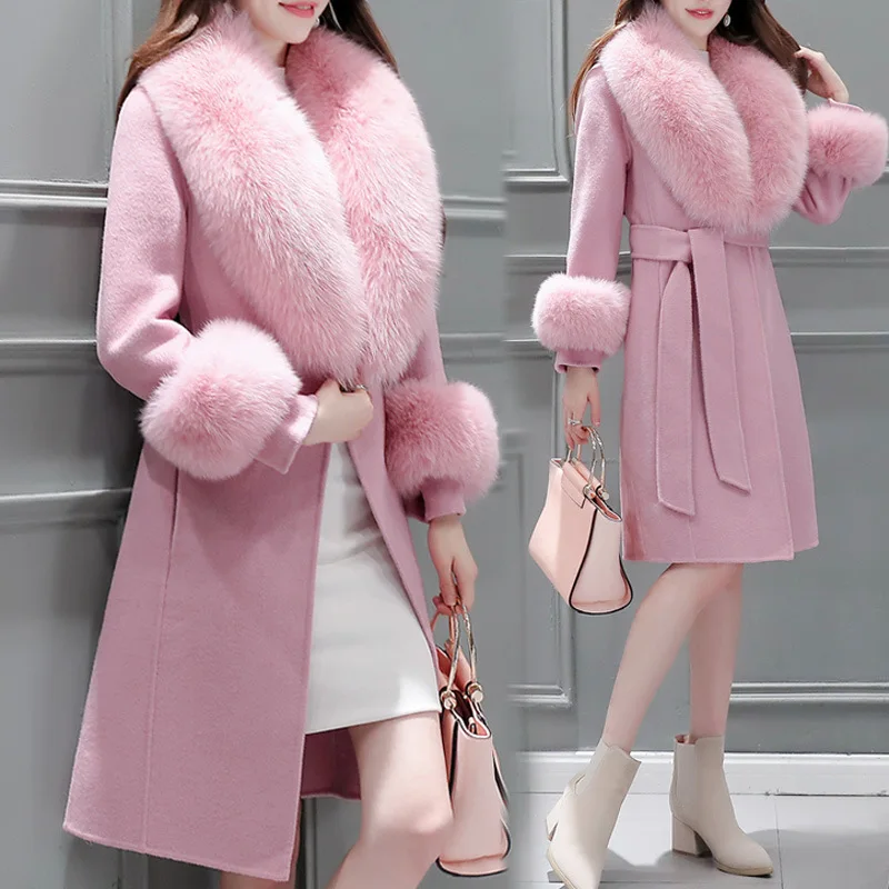 Fashion Slim Long Wool Coat Solid Pockets Wool Blend Coat and Jacket Sashes Removable Fur Collar Pink Women Coats Autumn Winter
Fashion Slim Long Wool Coat Solid Pockets Wool Blend Coat and Jacket Sashes Removable Fur Collar Pink Women Coats Autumn Winter