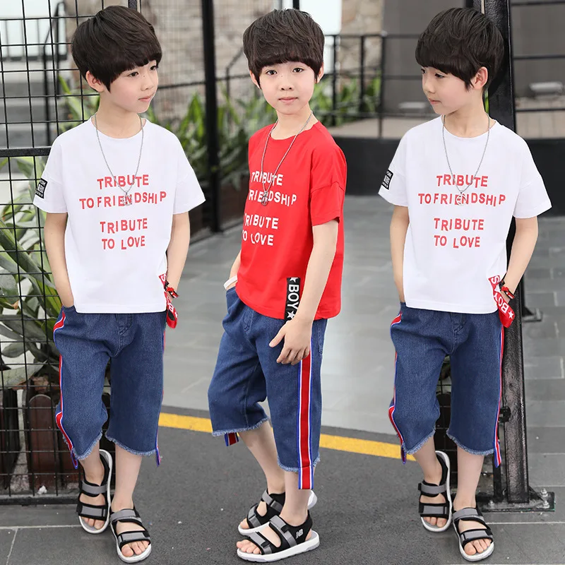 2Pcs Teenage Clothes For Boys 2019 Summer Kids Outfits Suit Casual Letter Print T Shirts Denim Short Pants Children Clothing Set
2Pcs Teenage Clothes For Boys 2019 Summer Kids Outfits Suit Casual Letter Print T Shirts Denim Short Pants Children Clothing Set