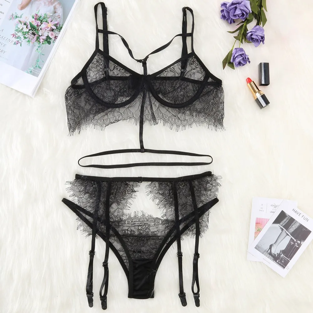 Women Sexy Eyelash Lace Lingerie Set Erotic Underwire Bra G String With Garter Set Porno Babydoll Langerie Transparent Underwear
Women Sexy Eyelash Lace Lingerie Set Erotic Underwire Bra G String With Garter Set Porno Babydoll Langerie Transparent Underwear