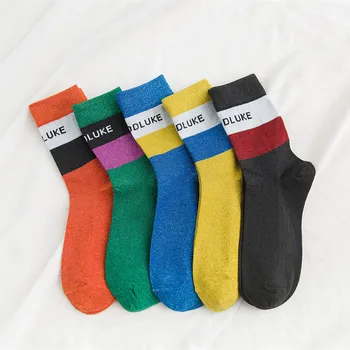 Shinny Gold And Silver Silk Women Socks New 2019 Autumn Winter Hit Color Letter Printed Socks Harajuku Comfort Calcetines Mujer
Shinny Gold And Silver Silk Women Socks New 2019 Autumn Winter Hit Color Letter Printed Socks Harajuku Comfort Calcetines Mujer