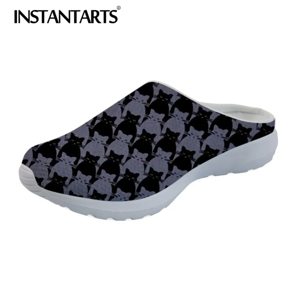 Фото INSTANTARTS Black Slippers 2021 Brand Design Women Beach Flat Shoes Full Moon Cats Print Summer Female Sandals Mesh Sandalias | Обувь