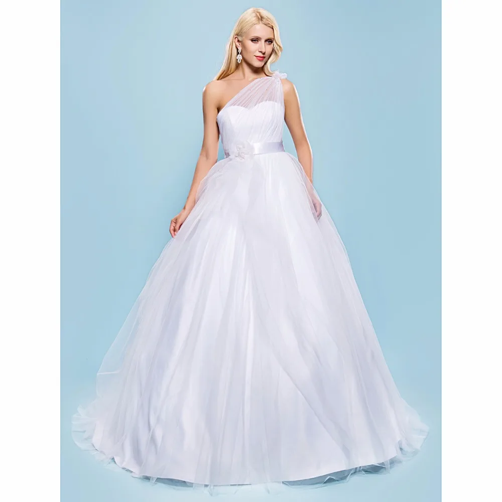 LAN TING BRIDE Ball Gown Wedding Dress One Shoulder Court Train Tulle Bridal with Beading Ribbon Bow Flower Side-Draped | Свадьбы и