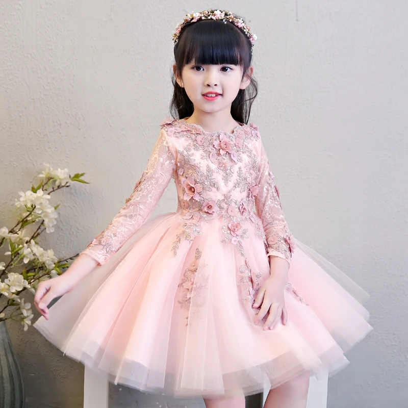 Зимние Свадебные платья с длинным рукавом детские милые бальные 16 цветов розовое