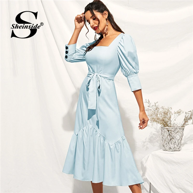 

Sheinside Blue Buttoned Cuff Flounce Hem Belted Dress Elegant Puff Sleeve Long Party Dresses 2019 Square Neck Solid A Line Dress