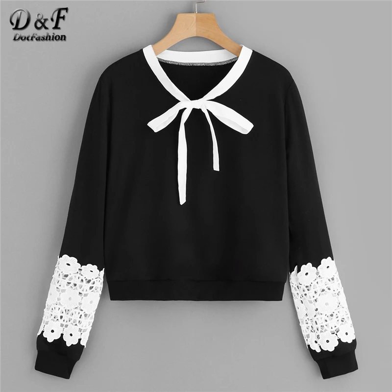 Dotfashion Black Contrast Lace Crochet Tie Neck Sweatshirt Women Casual 2019 Autumn Long Sleeve Tops Korean Style Sweatshirts
Dotfashion Black Contrast Lace Crochet Tie Neck Sweatshirt Women Casual 2019 Autumn Long Sleeve Tops Korean Style Sweatshirts