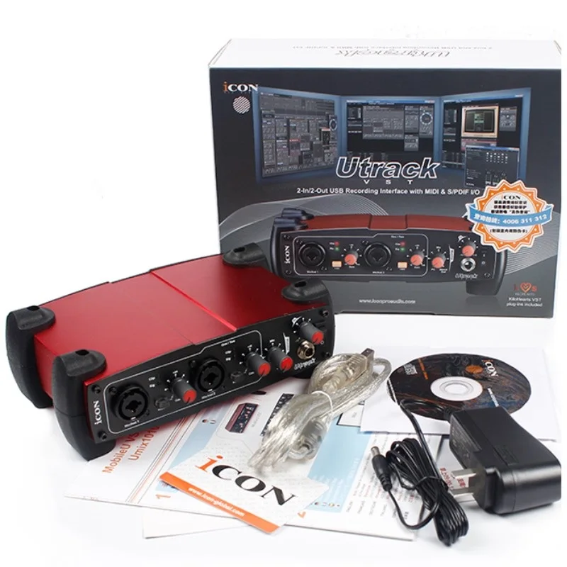 ICON Utrack VST external USB recording sound card Dual microphone/instrument preamps Two analog outputs RCA coaxial connectors
ICON Utrack VST external USB recording sound card Dual microphone/instrument preamps Two analog outputs RCA coaxial connectors