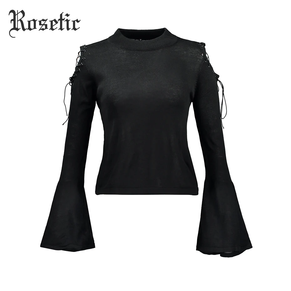 Rosetic Brand Gothic Style Lace-Up Hollow Out Flare Sleeve Sexy Strapless Bandage Autumn Women Short Knitting Sweaters
Rosetic Brand Gothic Style Lace-Up Hollow Out Flare Sleeve Sexy Strapless Bandage Autumn Women Short Knitting Sweaters