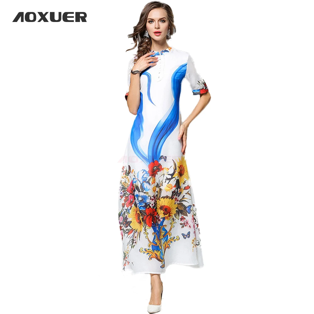 Aoxuer Осень Новый Для женщин Высокая мода конца цветы платье с принтом Половина