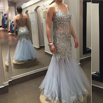 Sexy Silver Beaded Crystal Tulle Mermaid Prom Gown Backless Long Evening Dress for Wedding Party
Sexy Silver Beaded Crystal Tulle Mermaid Prom Gown Backless Long Evening Dress for Wedding Party