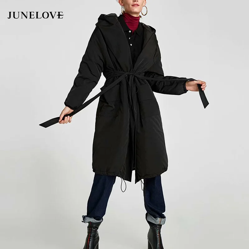 JuneLove женская зимняя теплая парка с длинным рукавом и поясом капюшоном винтажное