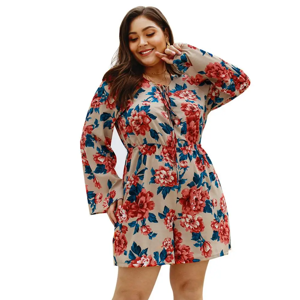 Flower Bodycon Bodysuit Female Rompers Lacing Plus Size 3XL 4XL Women Playsuits Full Sleeve Floral Printed Bodysuits |