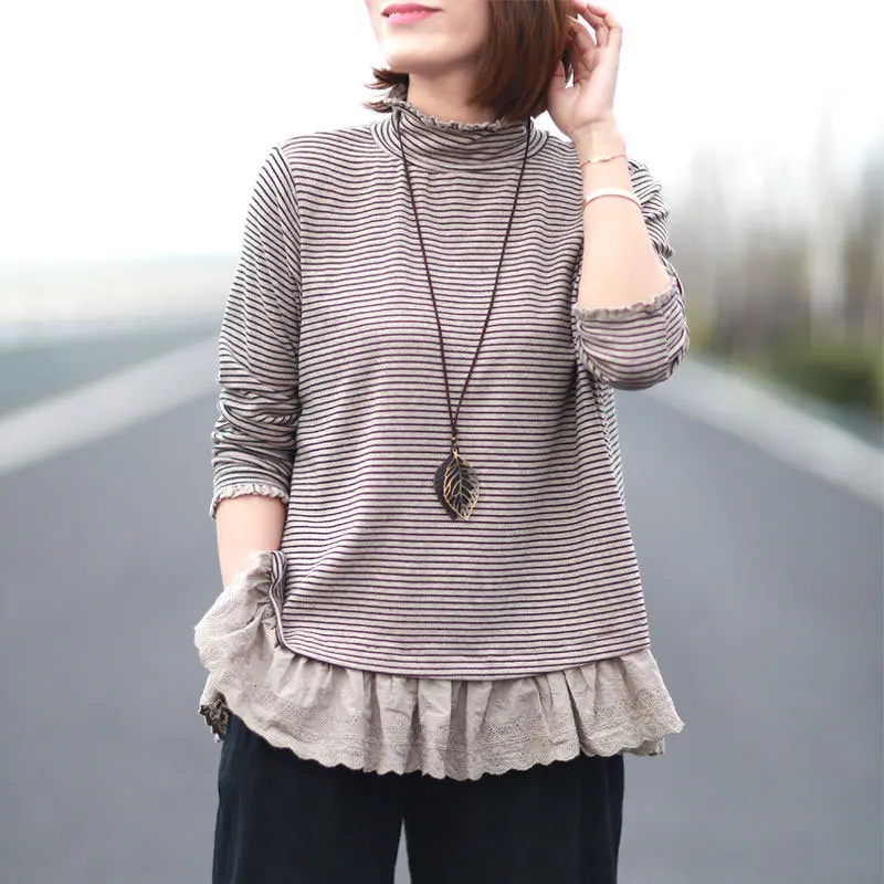 Autumn Winter Women Tshirt Plus Size Long Sleeve Turtleneck Stripe T-shirt Cotton Loose Casual Ruffles Tee Shirt Femme Tops D132
Autumn Winter Women Tshirt Plus Size Long Sleeve Turtleneck Stripe T-shirt Cotton Loose Casual Ruffles Tee Shirt Femme Tops D132