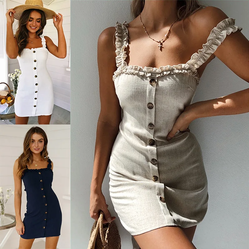 Sexy Button Spaghetti Strap Backless Cotton Summer Dress Women 2019 Mini Package Hip Bodycon Dress Vestidos
Sexy Button Spaghetti Strap Backless Cotton Summer Dress Women 2019 Mini Package Hip Bodycon Dress Vestidos