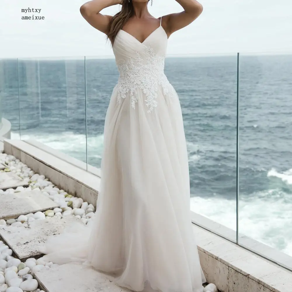 2020 Beach Wedding Dress Spaghetti Straps Lace Bodice Tulle A Line Cheap Sexy Dresses Simple Elegant Open Back Bridal Gowns | Свадьбы и