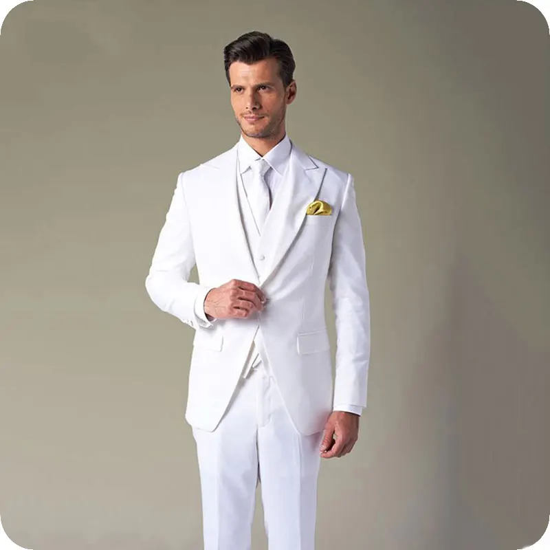 

White Slim Fit Men Wedding Suits Custom Made Groom Tuxedo Wide Peaked Lapel Male Blazers 3Piece Jacket Pants Vest Groomsmen Suit