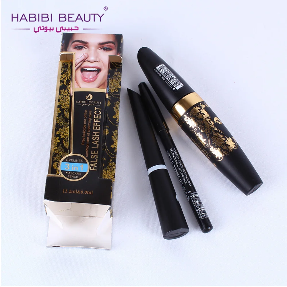 Habibi beauty makeup black mascara + eye liner+ brow pencil waterproof 3D firber Thick curling mascara velvet volume HB013
Habibi beauty makeup black mascara + eye liner+ brow pencil waterproof 3D firber Thick curling mascara velvet volume HB013