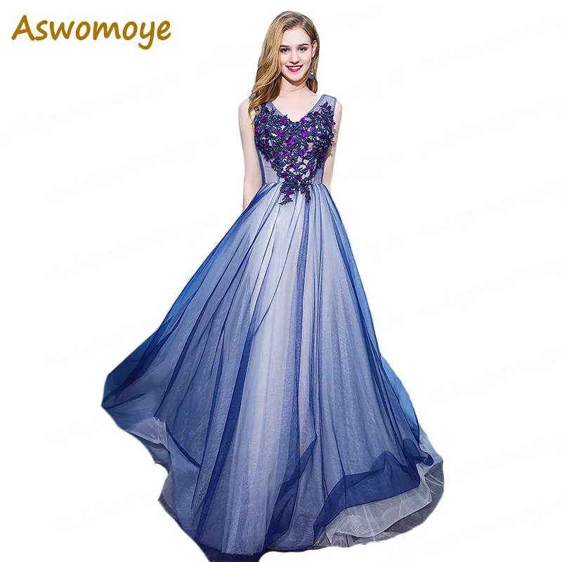 Aswomoye Elegant Beaded Crystal V-neck Evening Dress Long 2018 Appliques Flower Prom Dress Illusion Blue Organza robe de soiree
Aswomoye Elegant Beaded Crystal V-neck Evening Dress Long 2018 Appliques Flower Prom Dress Illusion Blue Organza robe de soiree