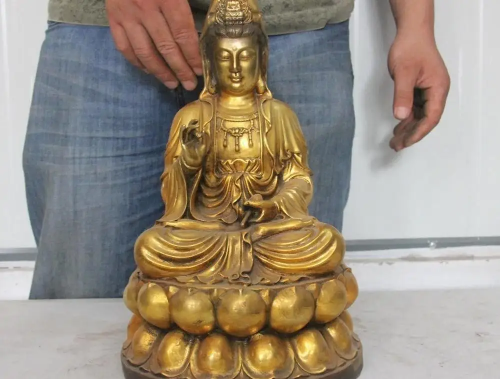 15" Tibet Buddhism Bronze copper Kwan-Yn GuanYin Bodhisattva Sit on Lotus Statue | Дом и сад