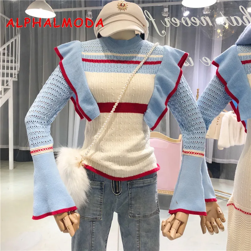 2018 Womens Jumpers Ruffled Striped Slim Female Sweater with Flare-sleeve Ladies Sweet Fashion Knitted for Christmas | Женская одежда