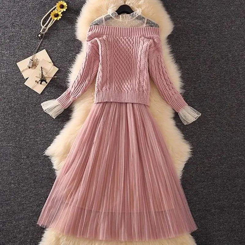 Women 2019 Spring Autumn Elegant Solid Sets Female Lace Stitching Knitted Sweater Tops+ Pleated Mesh Sling A-Line Dress 2pcs L77
Women 2019 Spring Autumn Elegant Solid Sets Female Lace Stitching Knitted Sweater Tops+ Pleated Mesh Sling A-Line Dress 2pcs L77
