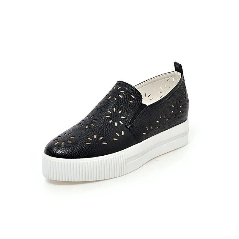 Women's Cut-Out Leather Platform Shoes w/ Round Toe