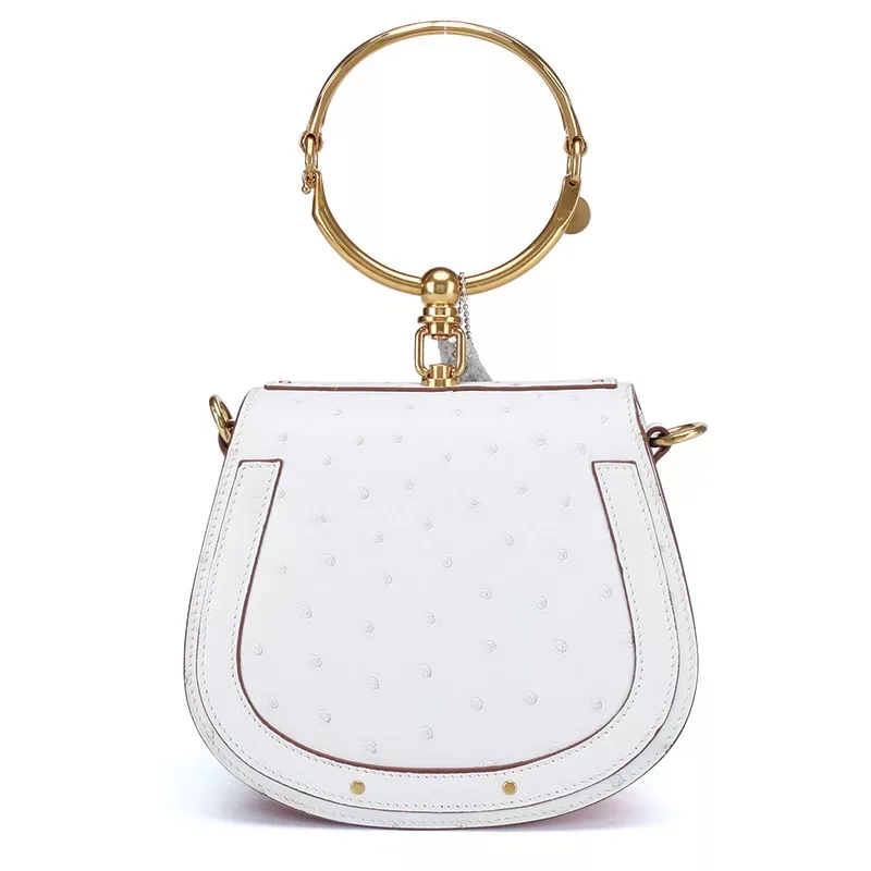 Luxury Designer Genuine Real Ostrich Skin Leather Women Small White Saddle Purse Gold Bracelet Handle Handbag Lady Shoulder Bag
Luxury Designer Genuine Real Ostrich Skin Leather Women Small White Saddle Purse Gold Bracelet Handle Handbag Lady Shoulder Bag