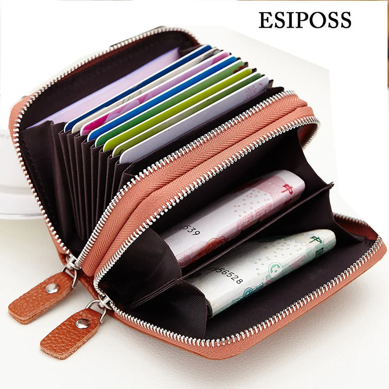 Фото Esiposs Unisex Cow hide Genuine Leather Card Holder Coin Purse Pockets Double Zipper Wallets black | Багаж и сумки