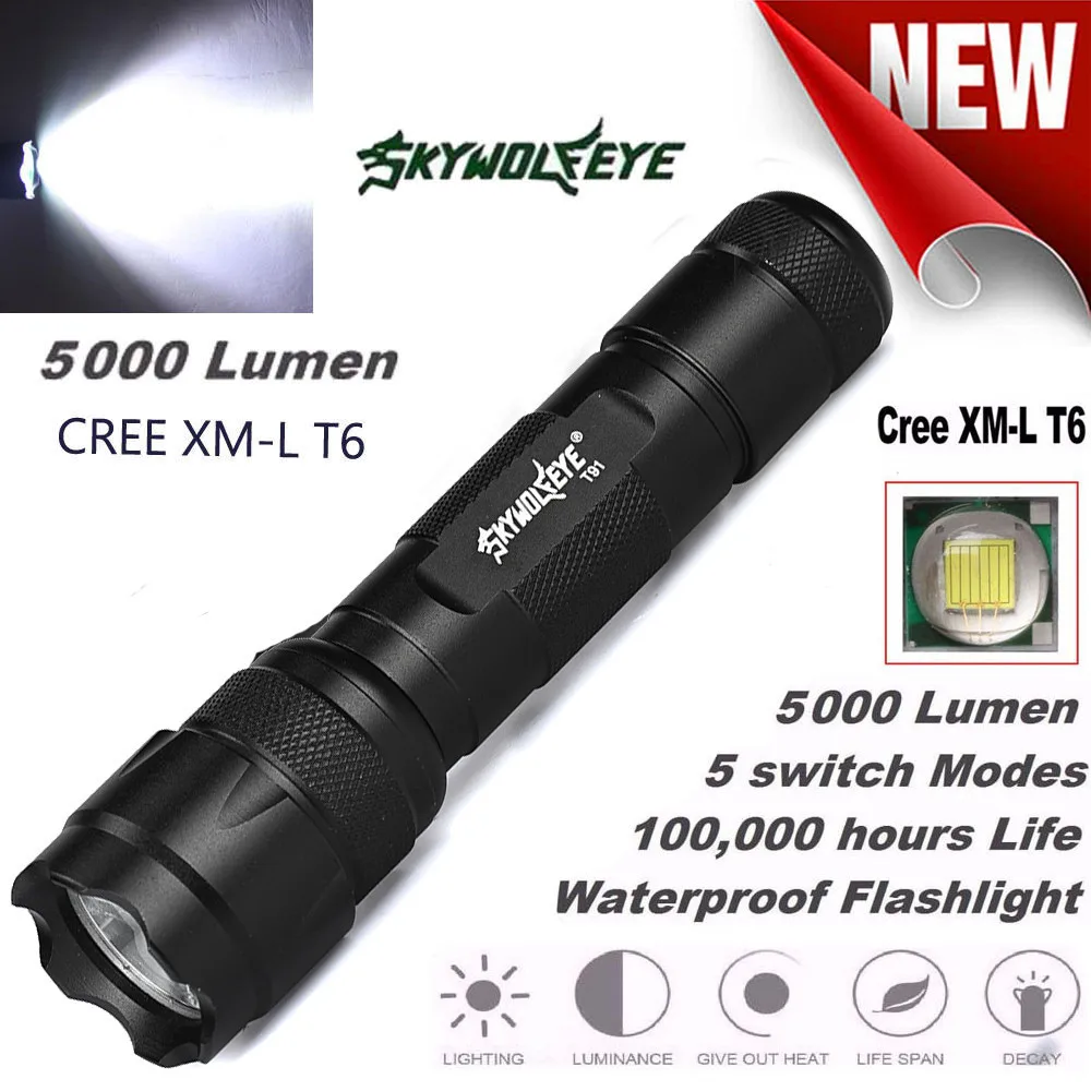 5000Lm Cree XML T6 LED Tactical Police Flashlight Torch Lamp Light 18650 5 Modes Stretchable adjustable focus Drop Shipping 2018
5000Lm Cree XML T6 LED Tactical Police Flashlight Torch Lamp Light 18650 5 Modes Stretchable adjustable focus Drop Shipping 2018